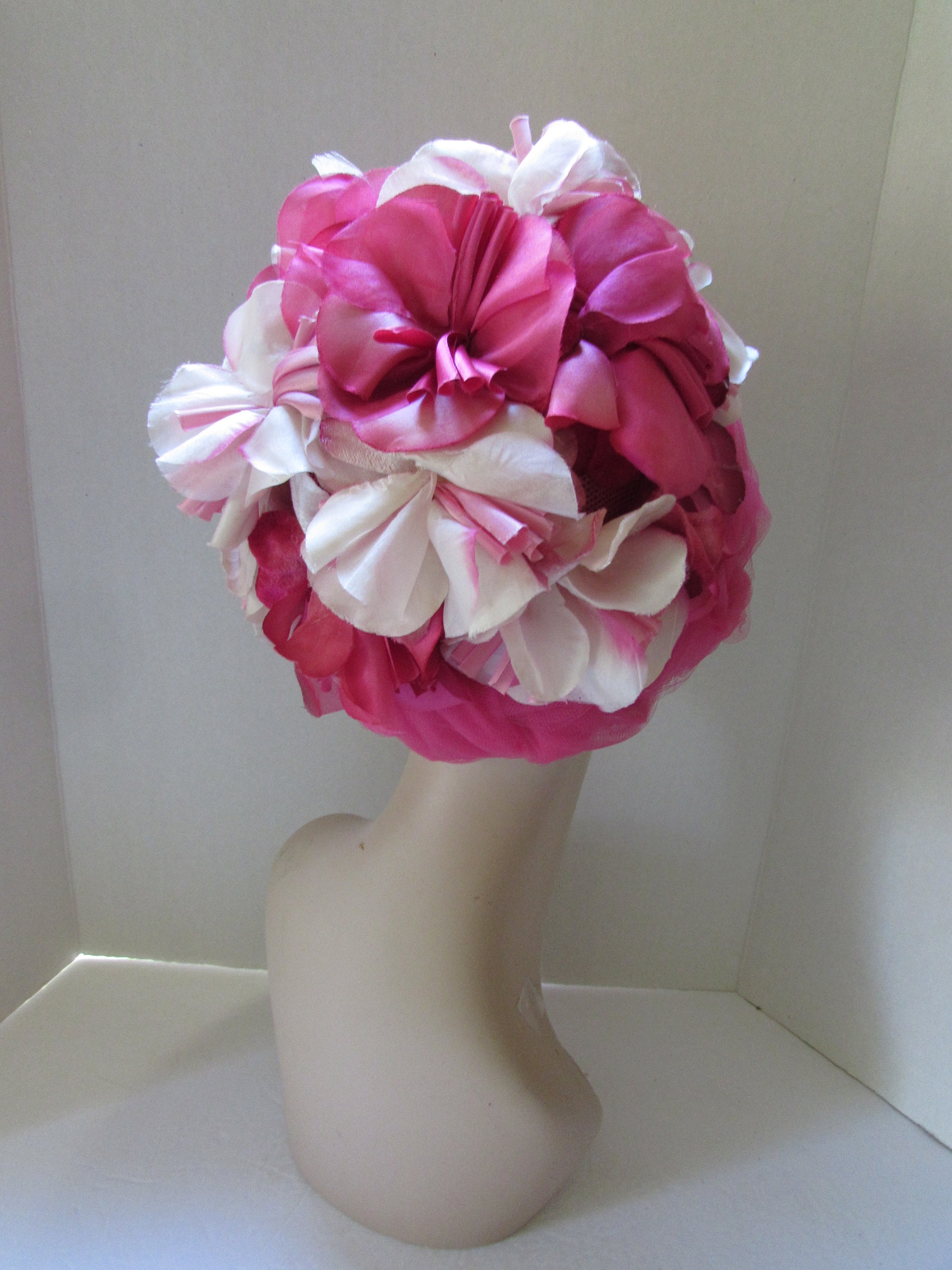 1960 Era Bouffant Hat Pink Roses Vintage Womens 1960s Pink Floral Hat with Sheer Mesh Union  main image 4