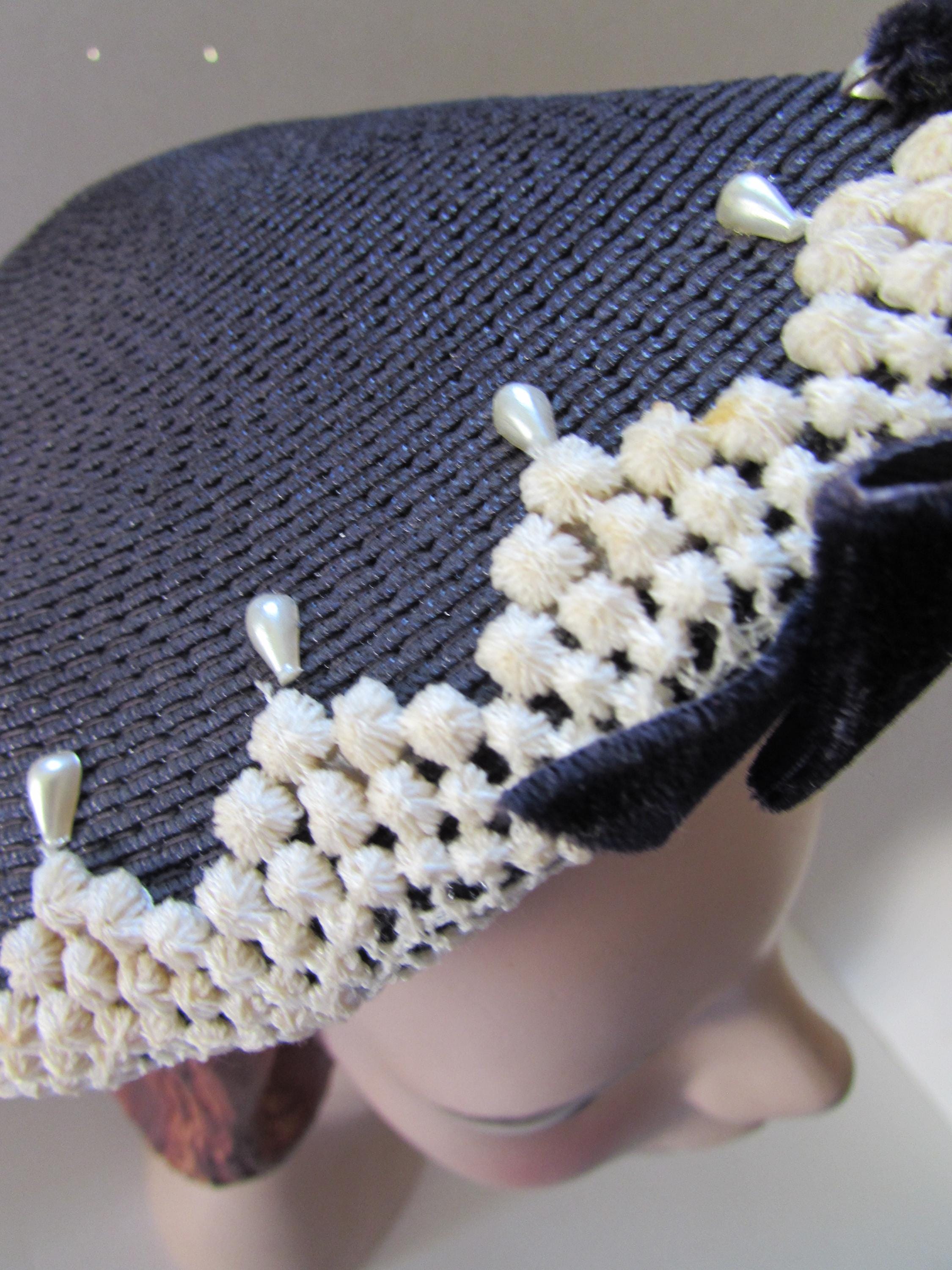 Vintage Hat Mid Century Design Navy Weave White Trim Faux  display picture 1