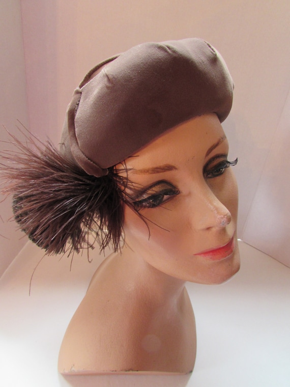 Modified Beret Hat Cocoa Brown Velvet Brown Feather Puff  display picture 2