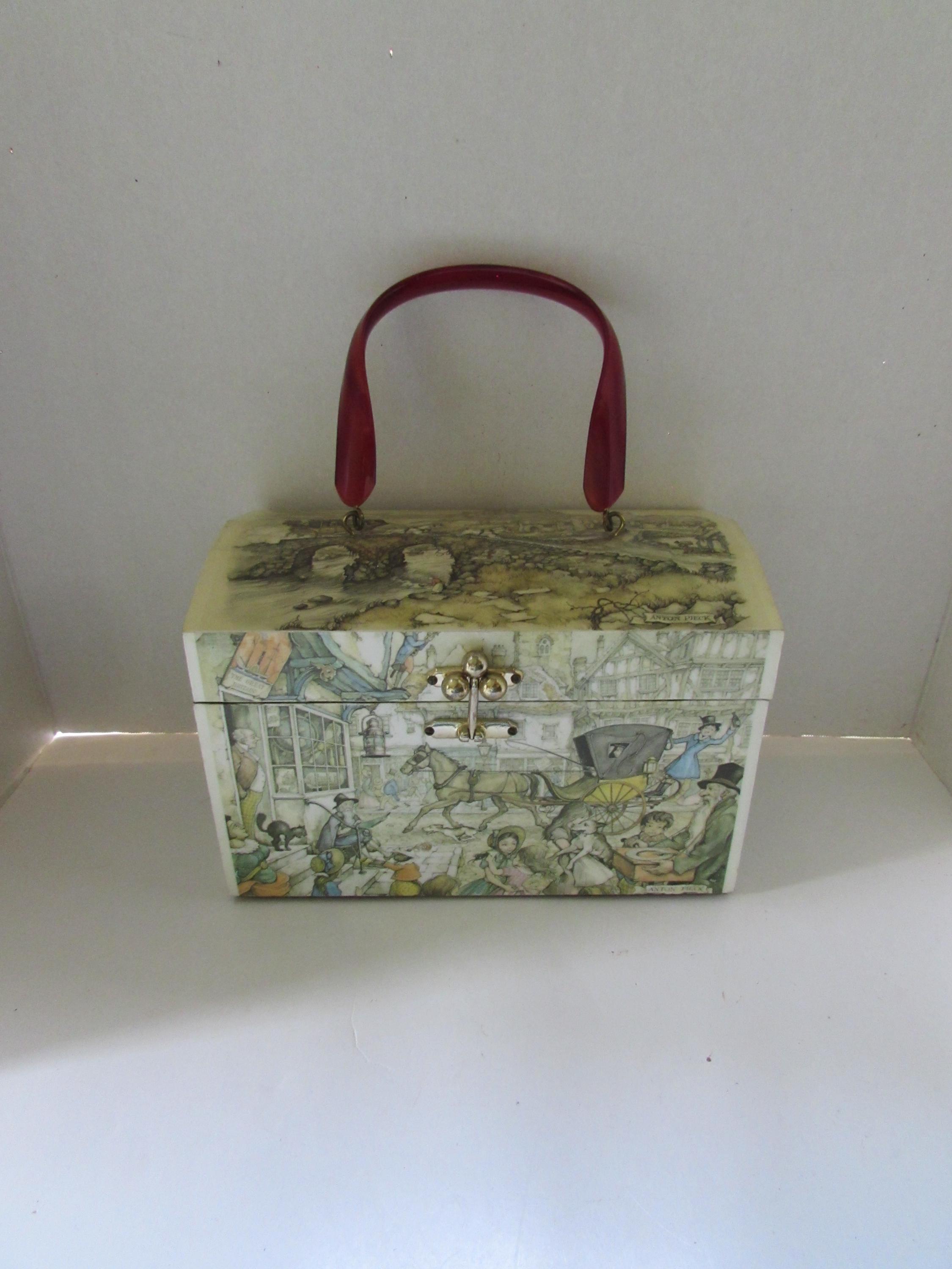 Vintage Decoupage Box Purse, Anton Pieck Print, Quilted Interior
