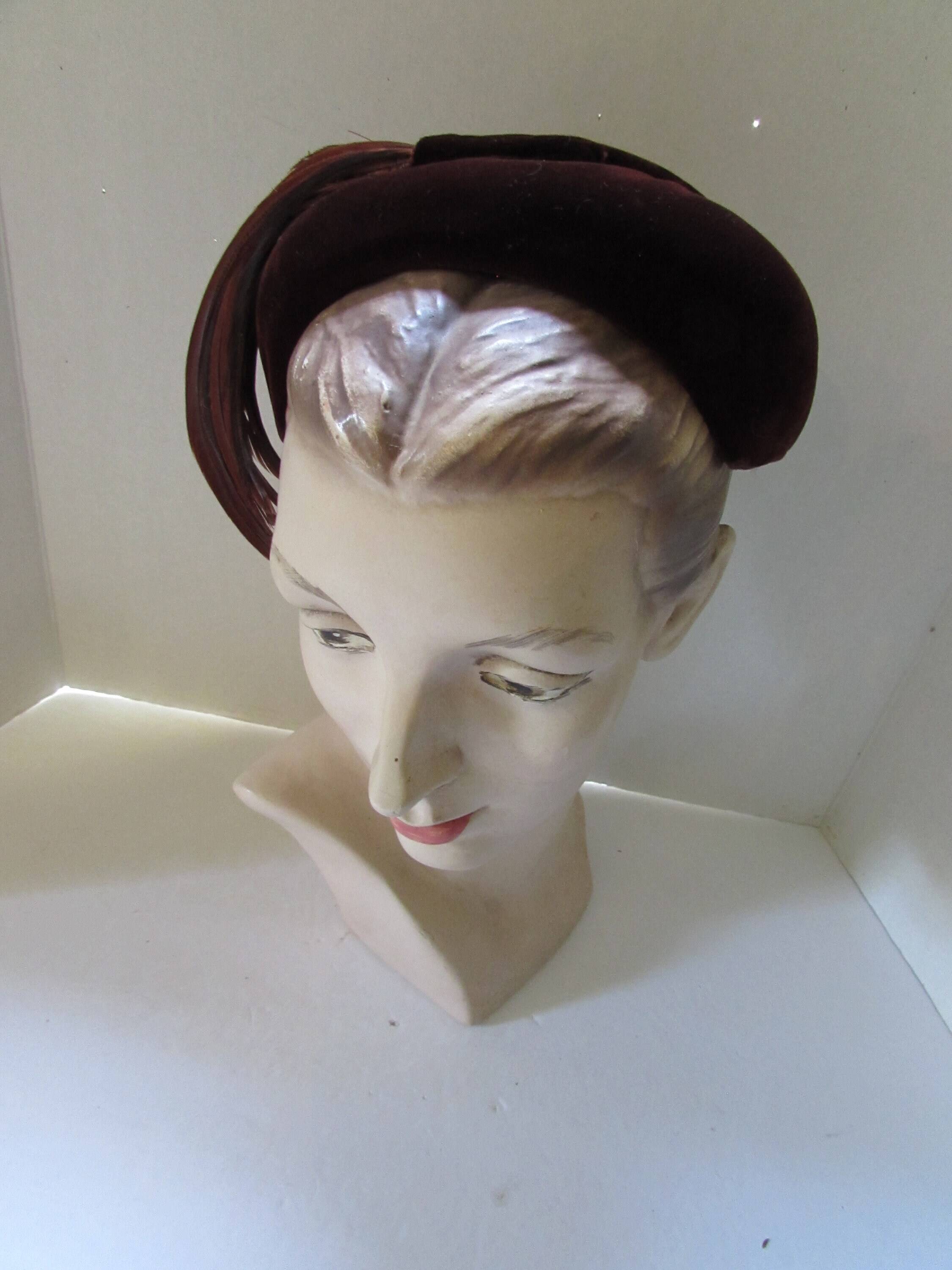 SALE  Sophisticated Henna Brown Velvet Mid Century Style Hat with Feather Vintage Feather and Dark Brown Velvet Handmade Bucket Hat - Etsy main image 4