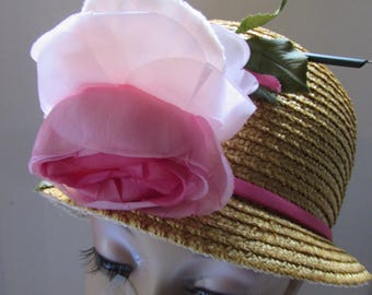 SALE Sweet Mid Century Cloche Style Straw Hat with Pink Rose Pink Straw Cloche Hat: Handmade Velvet Rose Trim, Tea Party  main image 4