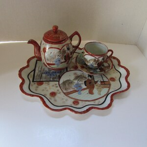 Kutani Style Tea Set Blue Irises Rust Ethnic Figures Platter Tea Pot