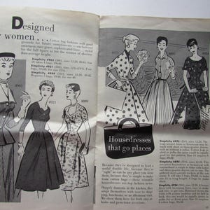 May include: Vintage fashion illustration from a magazine, featuring line drawings of dresses. The text reads "Designed for women" and "Housedresses that go places." The dresses are in various styles, including polka dots and stripes.