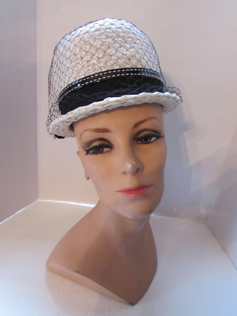 Mid Century Hat Bucket Hat White Millinery Cellophane Black Ribbon Band Del Bene Union Made Vintage Hats 1960 Era 1970 Style image 2