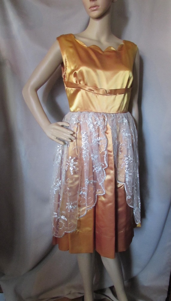 Vintage Dress Special Event Dress Gold Satin Silver Metallic Lace Sleeveless Dress Scoop Neckline Lace Overskirt Home Tailored - Etsy Vintage Dress Special Event Dress Gold Satin Silver Metallic Lace Sleeveless Dress Scoop Neckline Lace Overskirt Home Tailored - Etsy