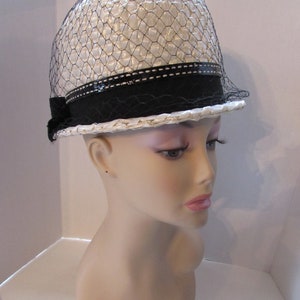 Mid Century Hat Bucket Hat White Millinery Cellophane Black Ribbon Band Del Bene Union Made Vintage Hats 1960 Era 1970 Style image 4