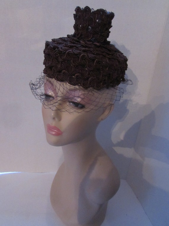 Mid Century Hat Vintage Hats Layered Brown Gimp C… - image 9