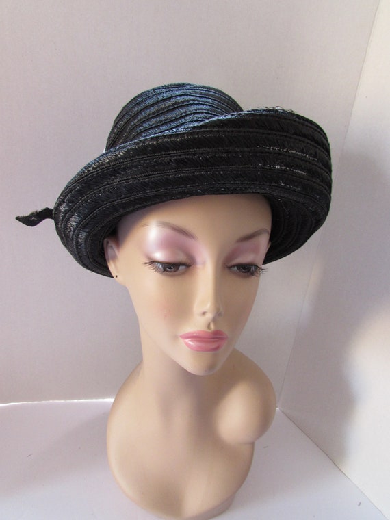 High Crown Hat Black Straw White Stripe Accent 19… - image 6