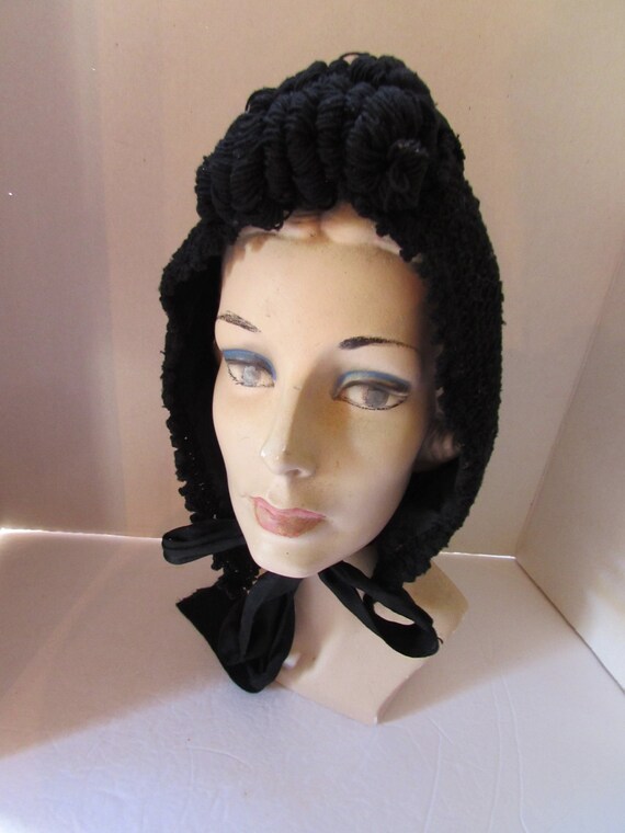 SALE Victorian Style Black Crochet Winter Bonnet … - image 2