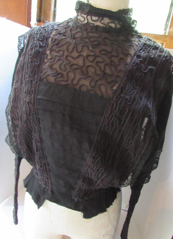 Victorian Black Net Blouse: Antique Soutache Lace Top, High Collar