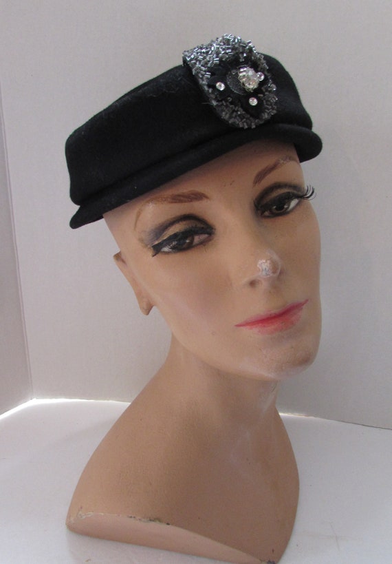 Black Felt Hat Beaded Decoration Charming Lady Gl… - image 2
