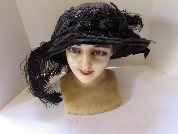 Antique Hat Edwardian Era Black Beaded Hat Curved… - image 1