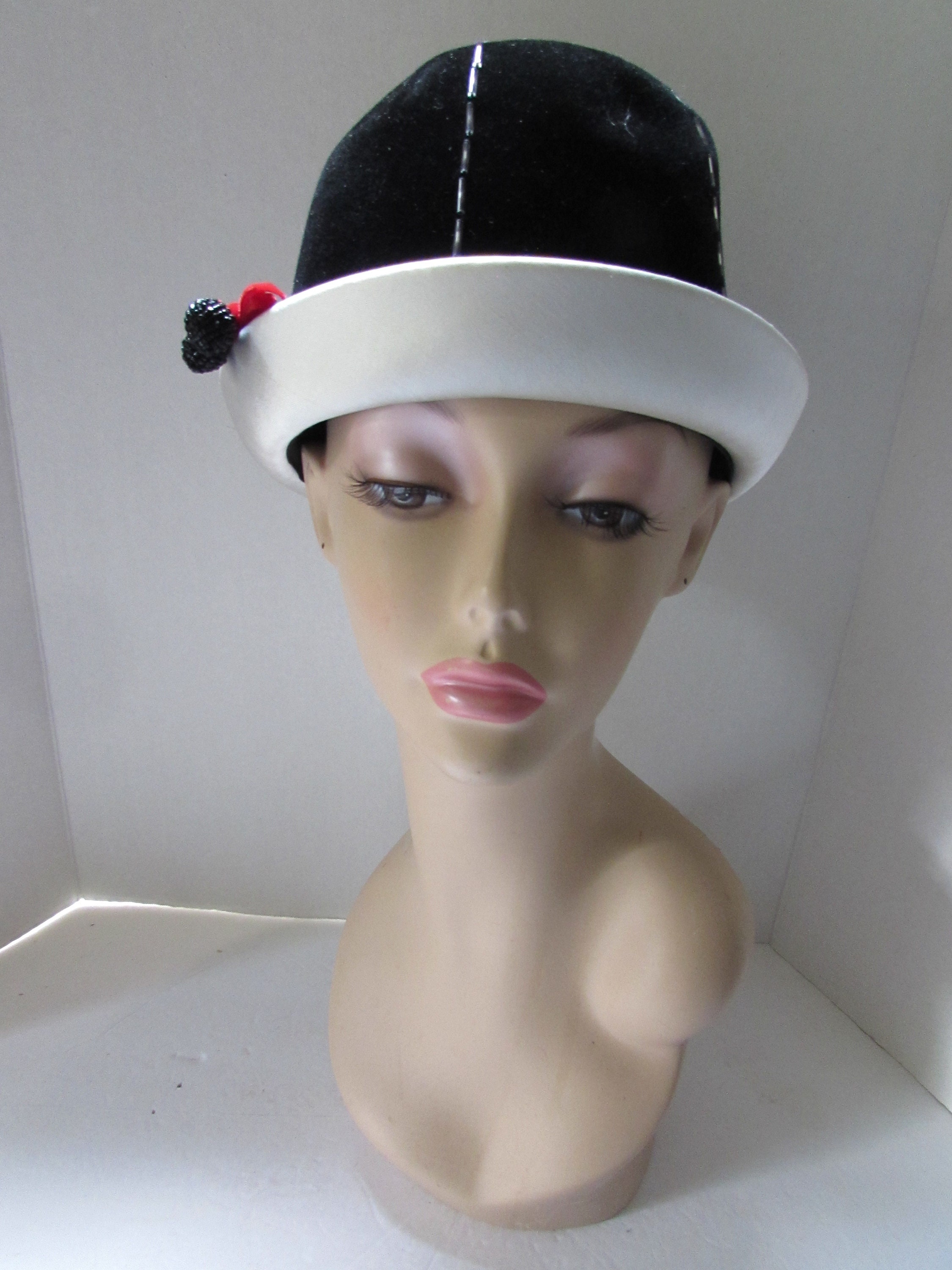 Handsome Mid Century Black Hat Bucket Style White Ribbon Accents Stud- White on Black – Bellissimo Hats main image 3