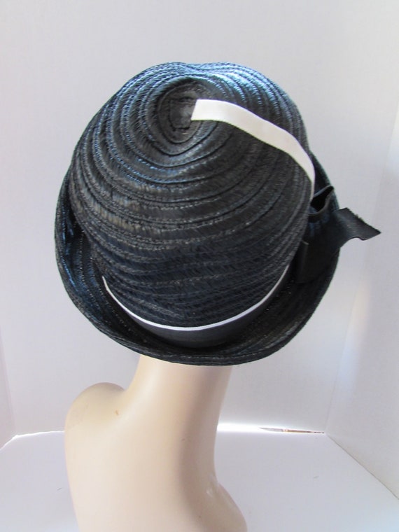 High Crown Hat Black Straw White Stripe Accent 19… - image 3