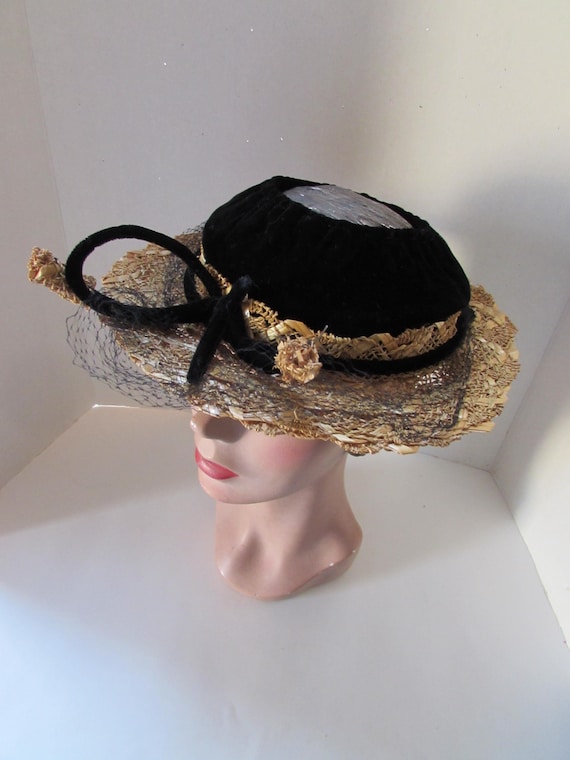 1930s Style Straw Hat, Black Velvet Open Crown, Large Bow - Etsy display picture 3