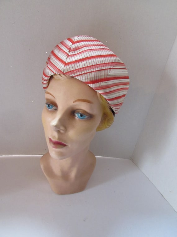 Vintage Hat 1950 Era Topper Style Coral Stripes R… - image 2