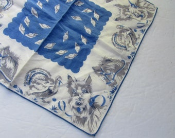 Vintage Hankie Child Handkerchief Puppy Dog Horse Head Gobble Turkey Blue Gray