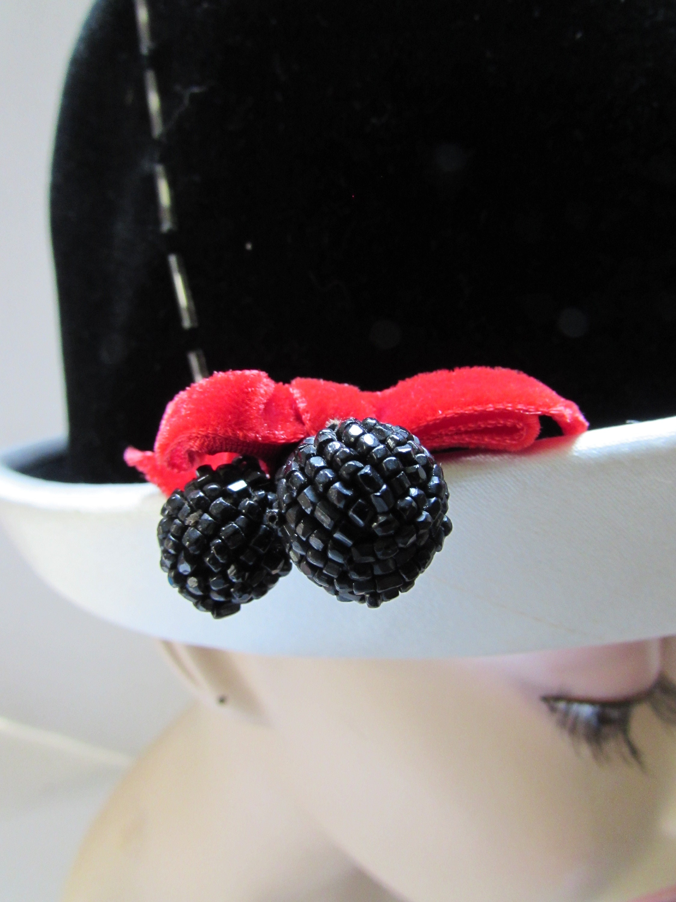 Handsome Mid Century Black Hat Bucket Style White Ribbon Accents Stud- White on Black – Bellissimo Hats main image 2