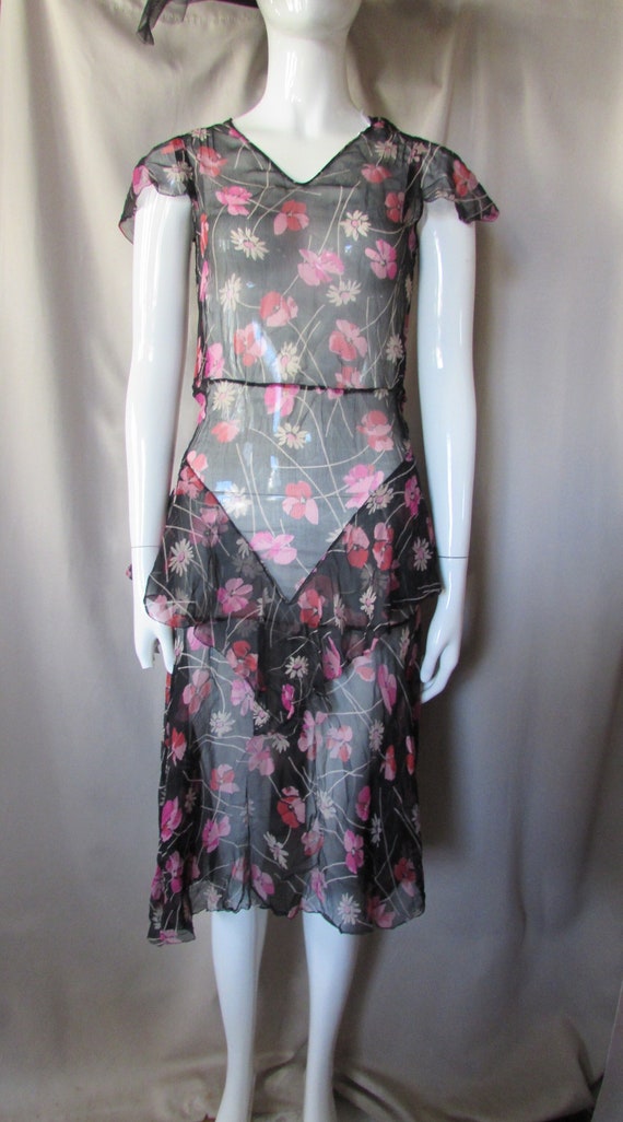 Floaty Dress 1930 Era Sheer Chiffon Black Pink Cor