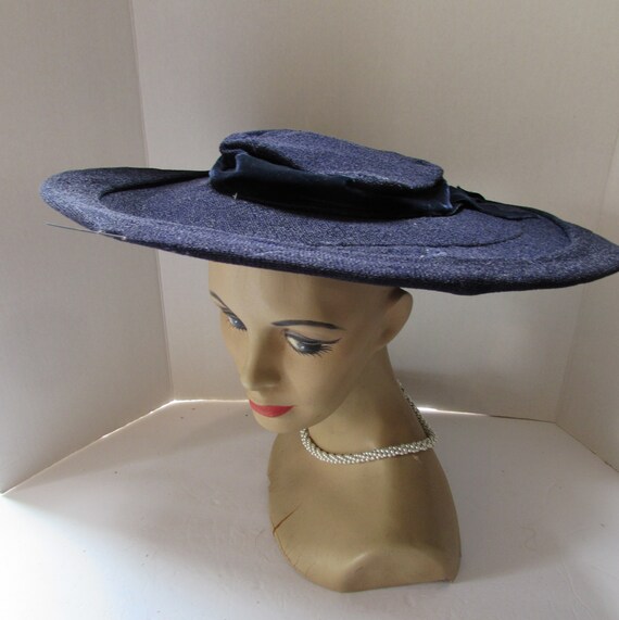 Vintage Hats Wide Brim Navy Fabric Velvet Ribbon … - image 9