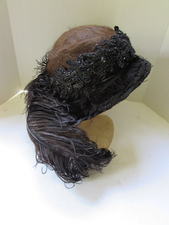 Antique Hat Edwardian Era Black Beaded Hat Curved… - image 4