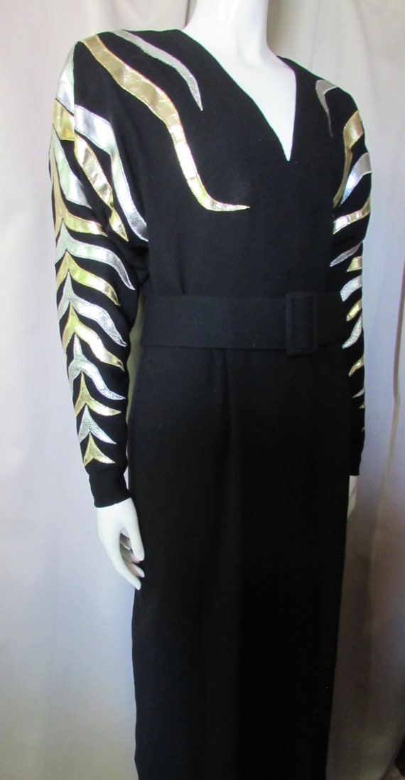 1980 Era Black Dress Metallic Fronds Silver Gold F