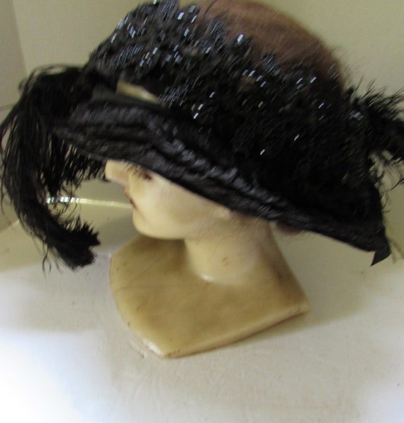 Antique Hat Edwardian Era Black Beaded Hat Curved… - image 7