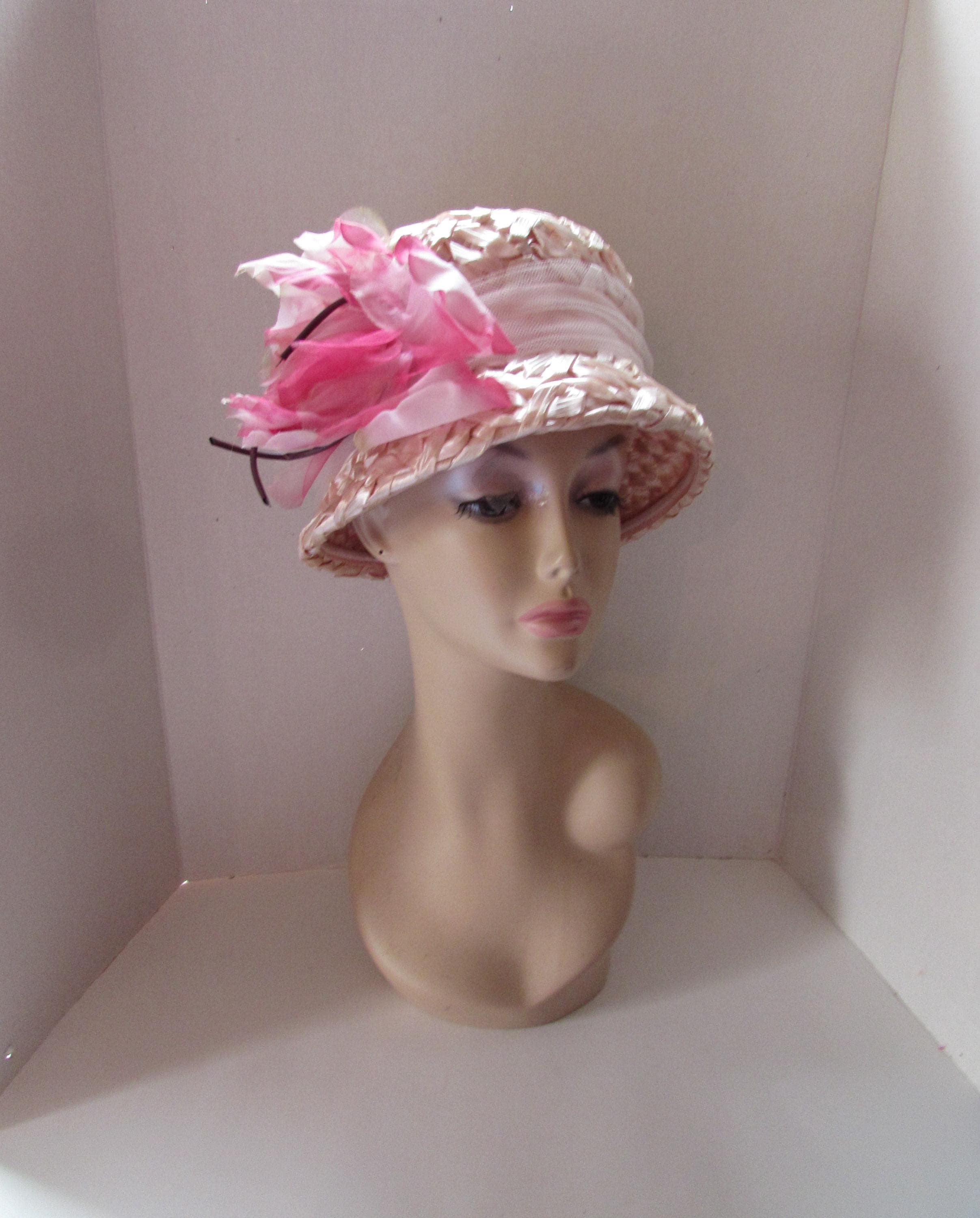 1960 Style Bucket Hat Whisper of Pink Cellophane Weave Huge  display picture 2