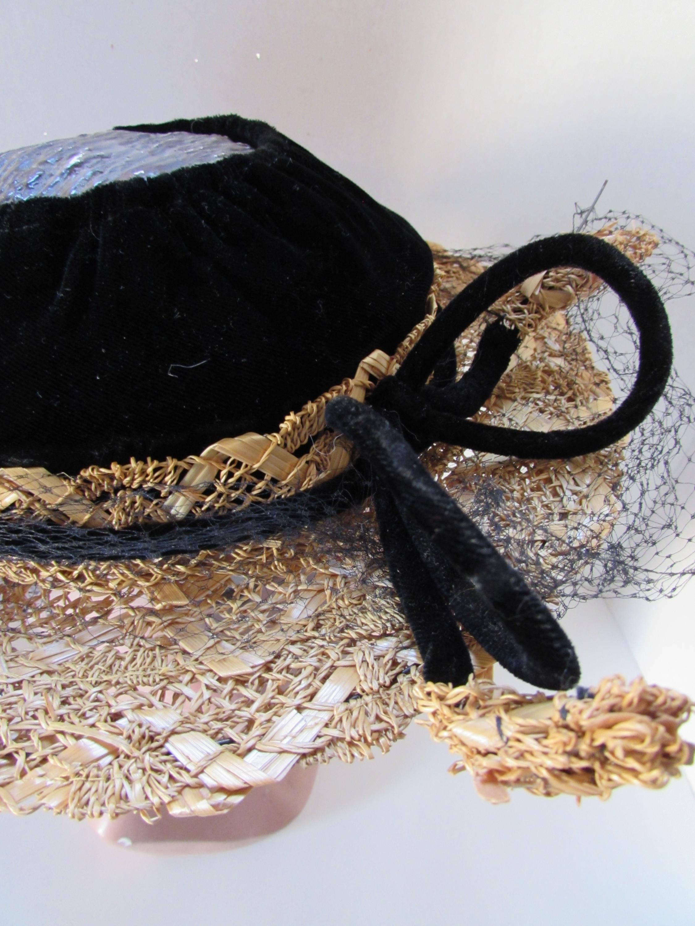 1930s Style Straw Hat, Black Velvet Open Crown, Large Bow - Etsy