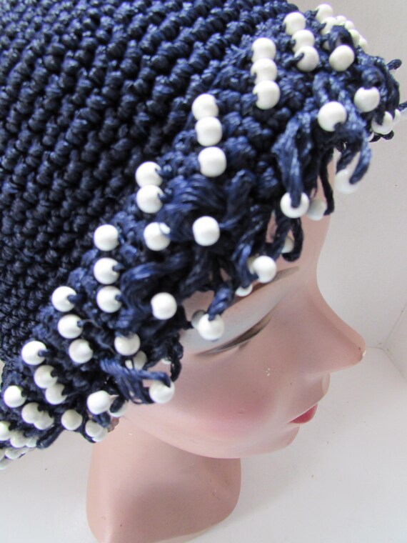 Vintage Hat Knit Cap Style Madcaps New York Navy Knit White  display picture 2