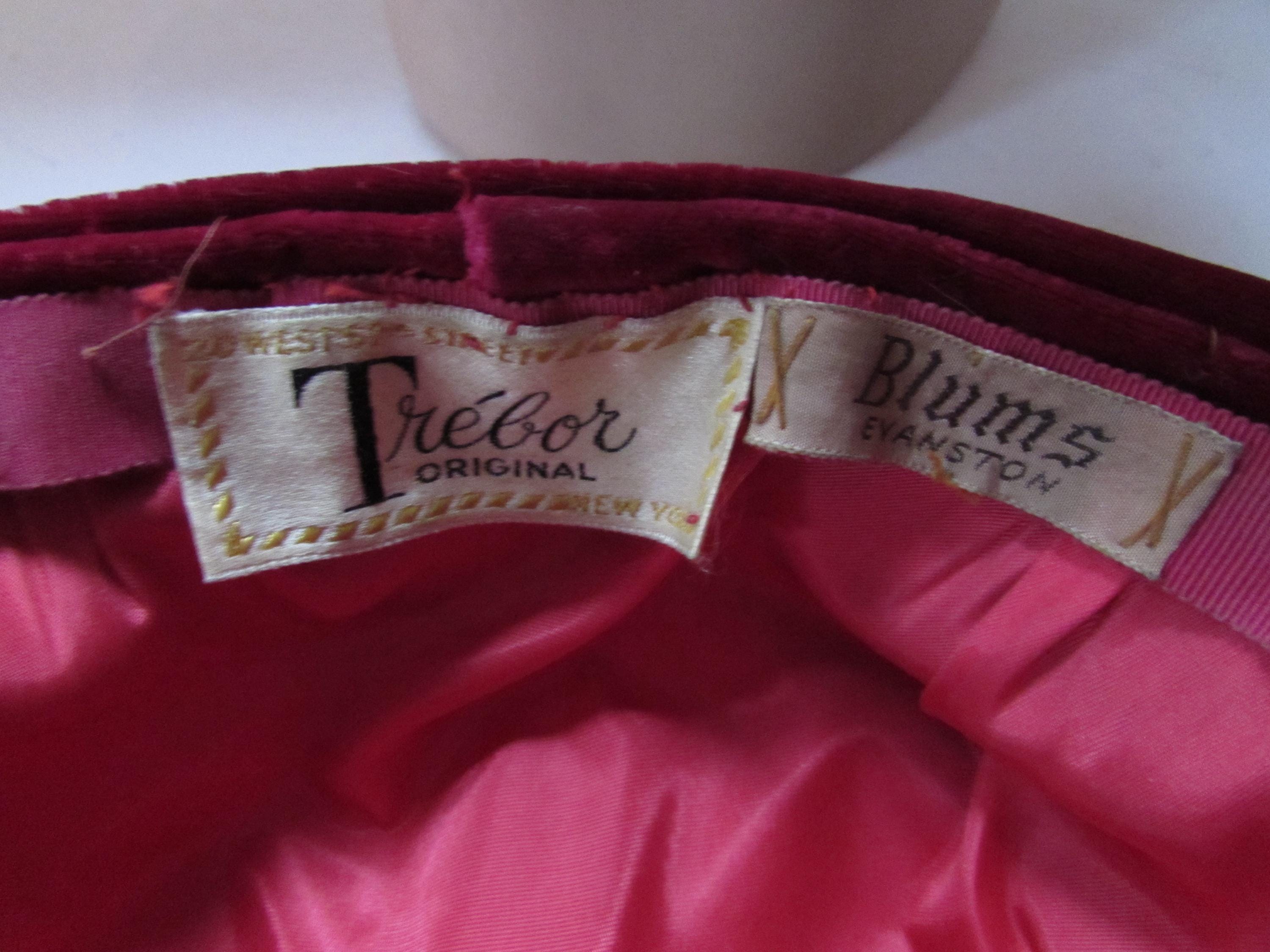 Trebor Original Velvet Hat Cranberry Color with Berries Splash of Color 2000s Phillip Treacy Cranberry Velvet Hat with Feather  main image 3