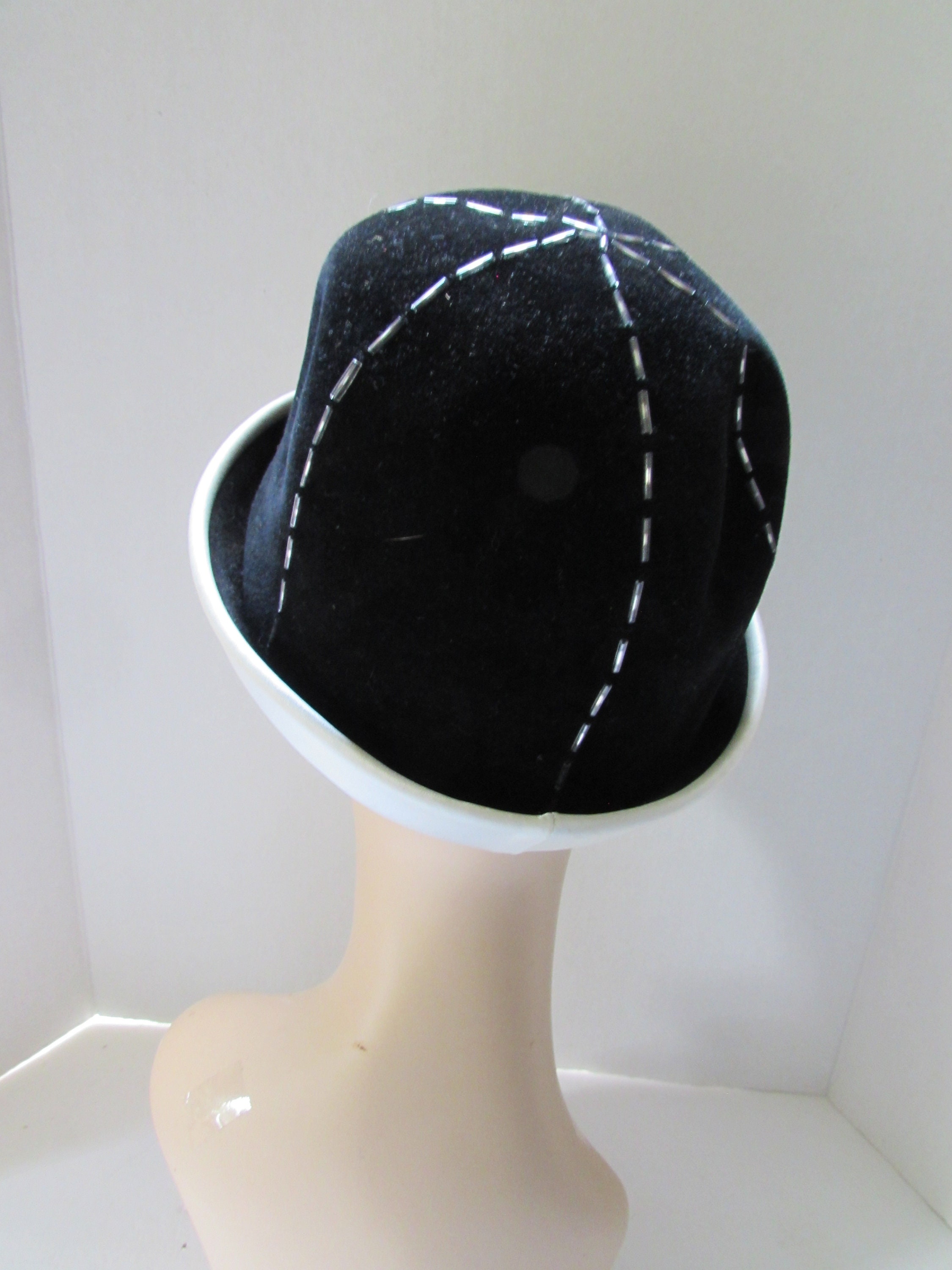 Handsome Mid Century Black Hat Bucket Style White Ribbon Accents Stud- White on Black – Bellissimo Hats main image 4