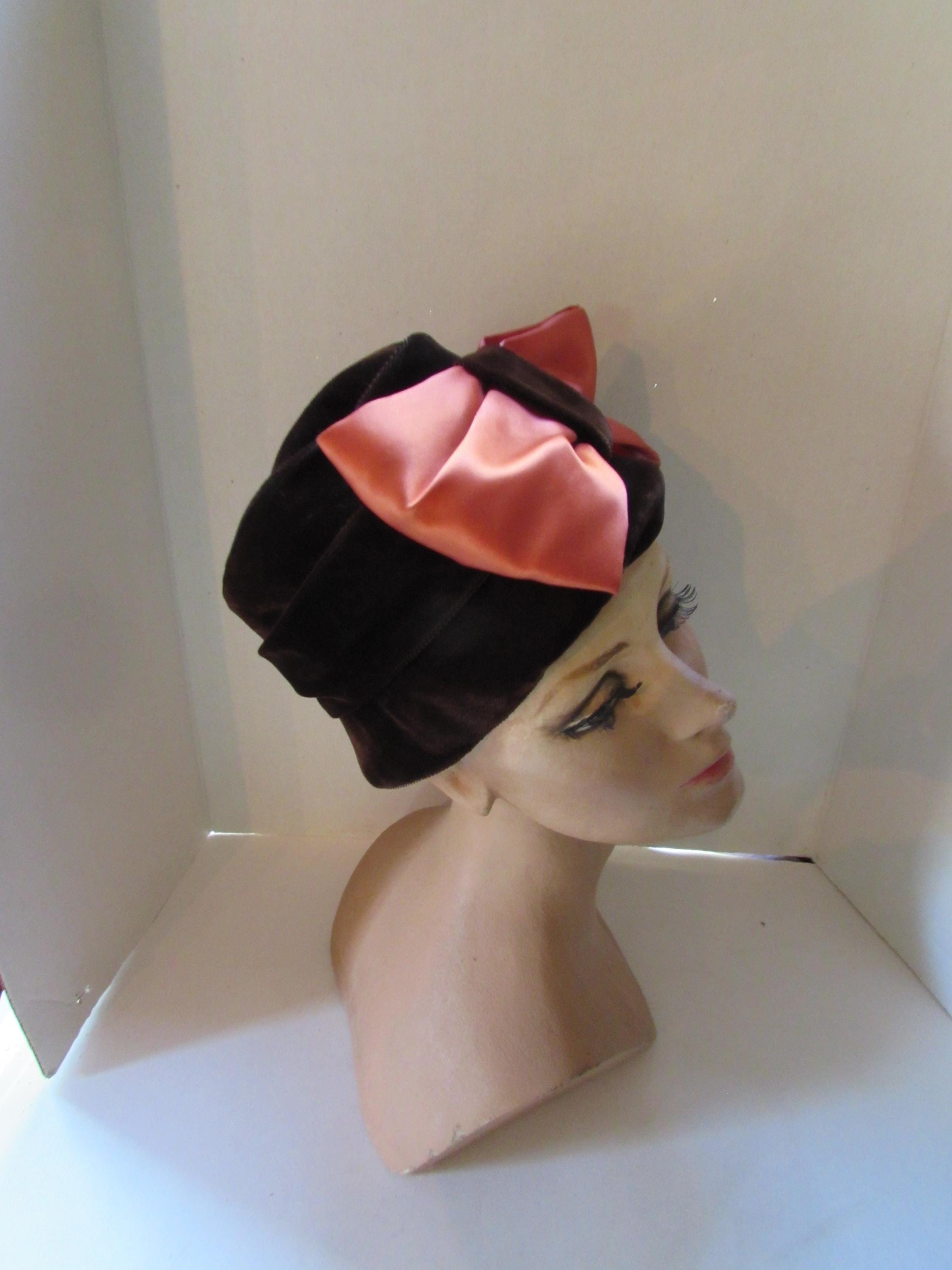 Vintage Hat Bucket Hat Brown Velvet Huge Copper Bow Mid  display picture 3