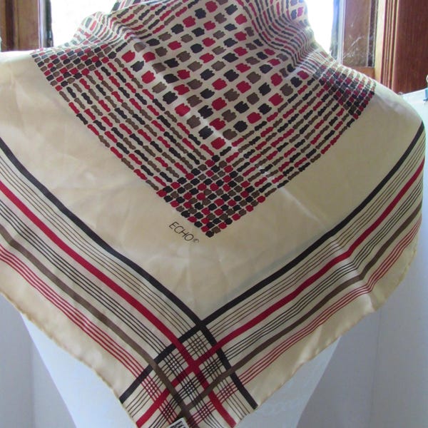 Vintage Echo Silk Scarf, Plaid Print, Square Scarf
