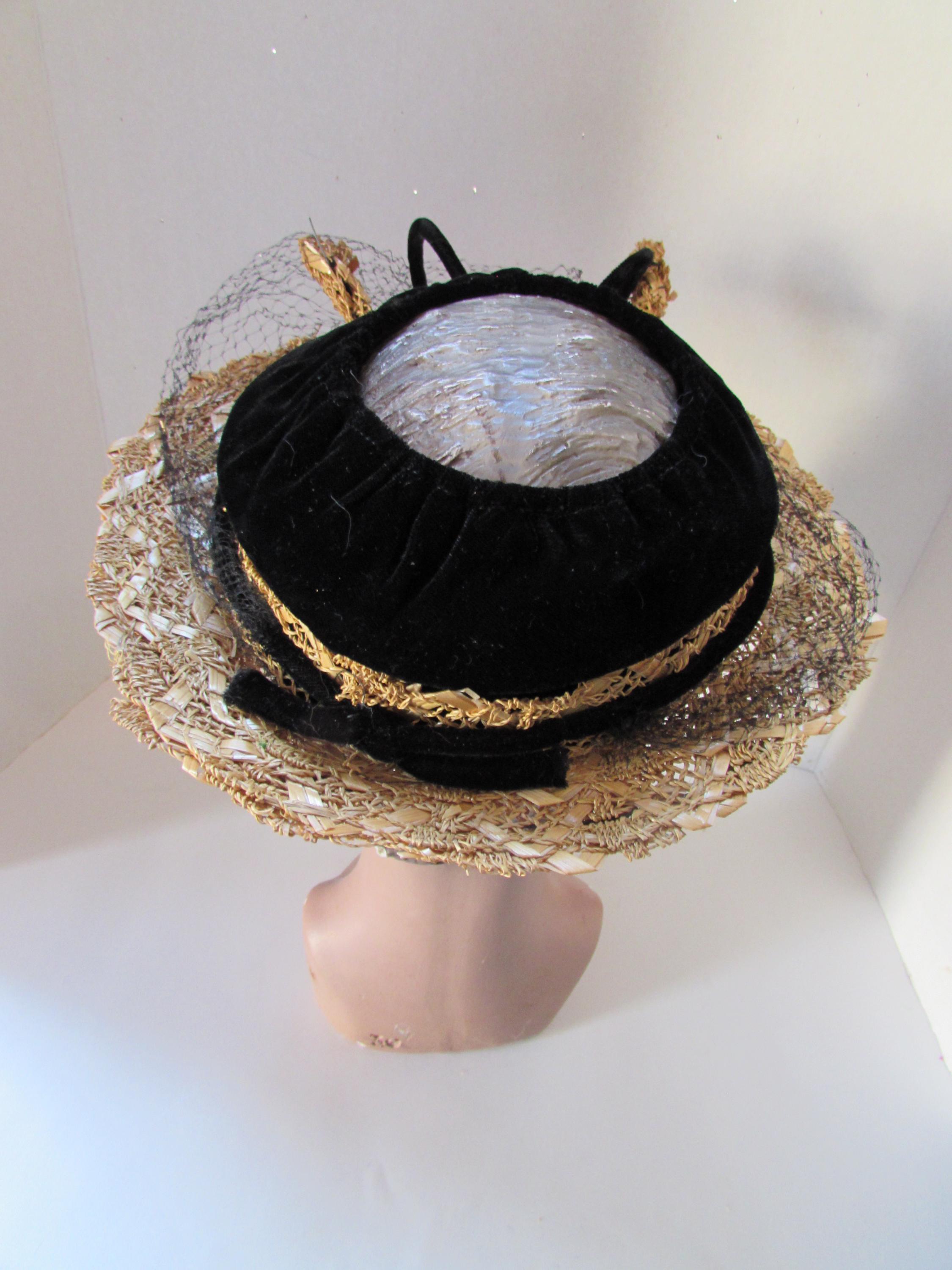 Stephen Anne Custom Black Velvet Straw Hat Wide Brim Gold Tassel Trim Straw Velvet Hat - Etsy main image 2