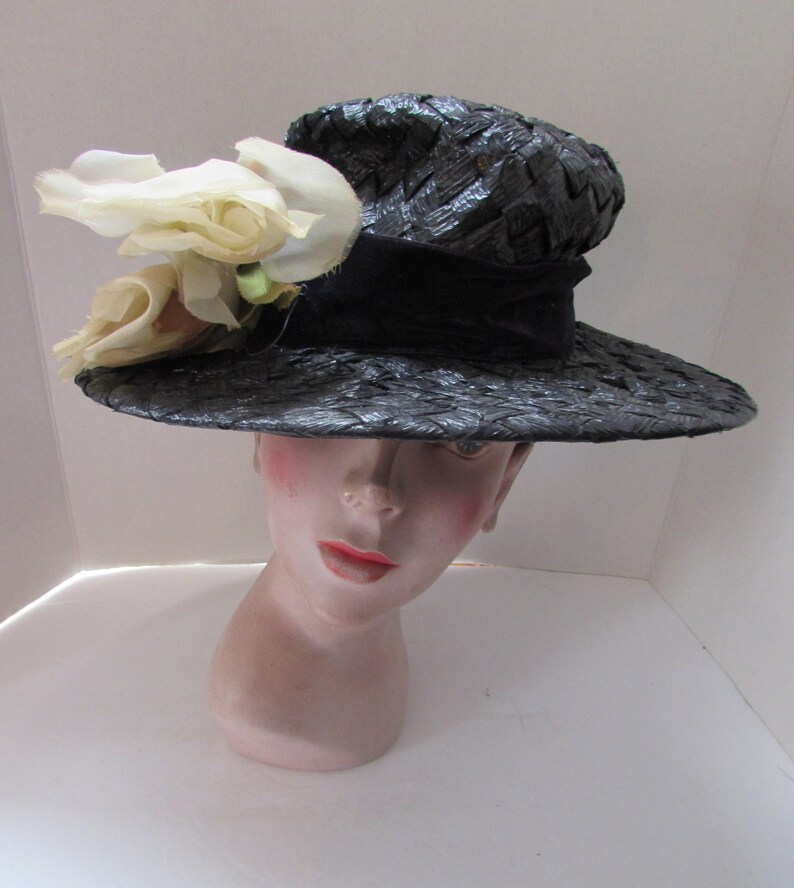 Mid Century Wide Brim Hat Black White Woven Cellophane White Roses Velvet Bow Vintage Hats Spring Hat Summer Hat High Fashion Hat image 9