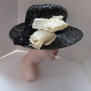 Mid Century Wide Brim Hat Black White Woven Cellophane White Roses Velvet Bow Vintage Hats Spring Hat Summer Hat High Fashion Hat image 2