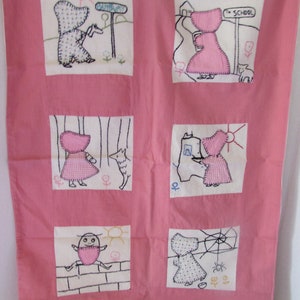Vintage Quilt Wall Hanging Sunbonnet Girl Embroidered Blocks Applique Blocks Bubble Gum Pink Nursery Rhyme Theme  Child Quilt