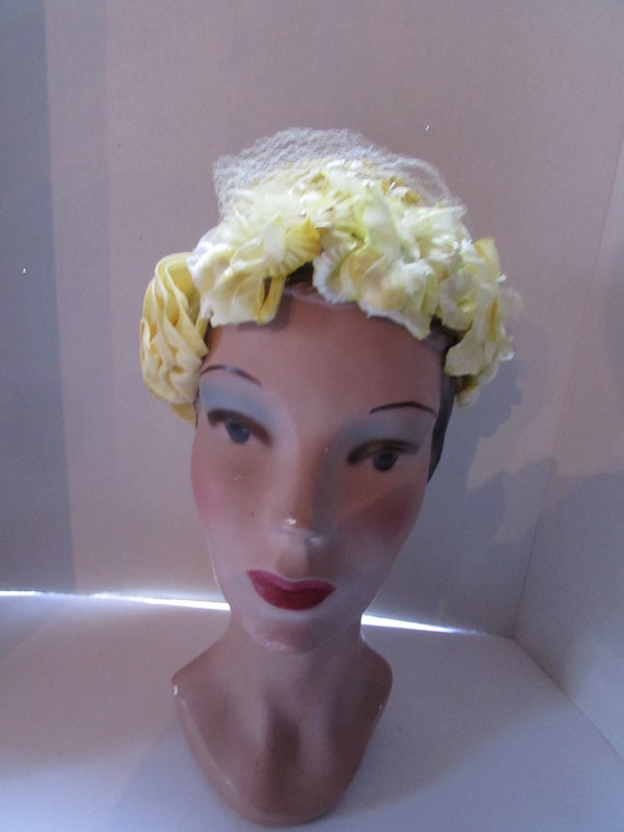 Vintage Hat Sunny Yellow Cello Weave Yellow Flowe… - image 2