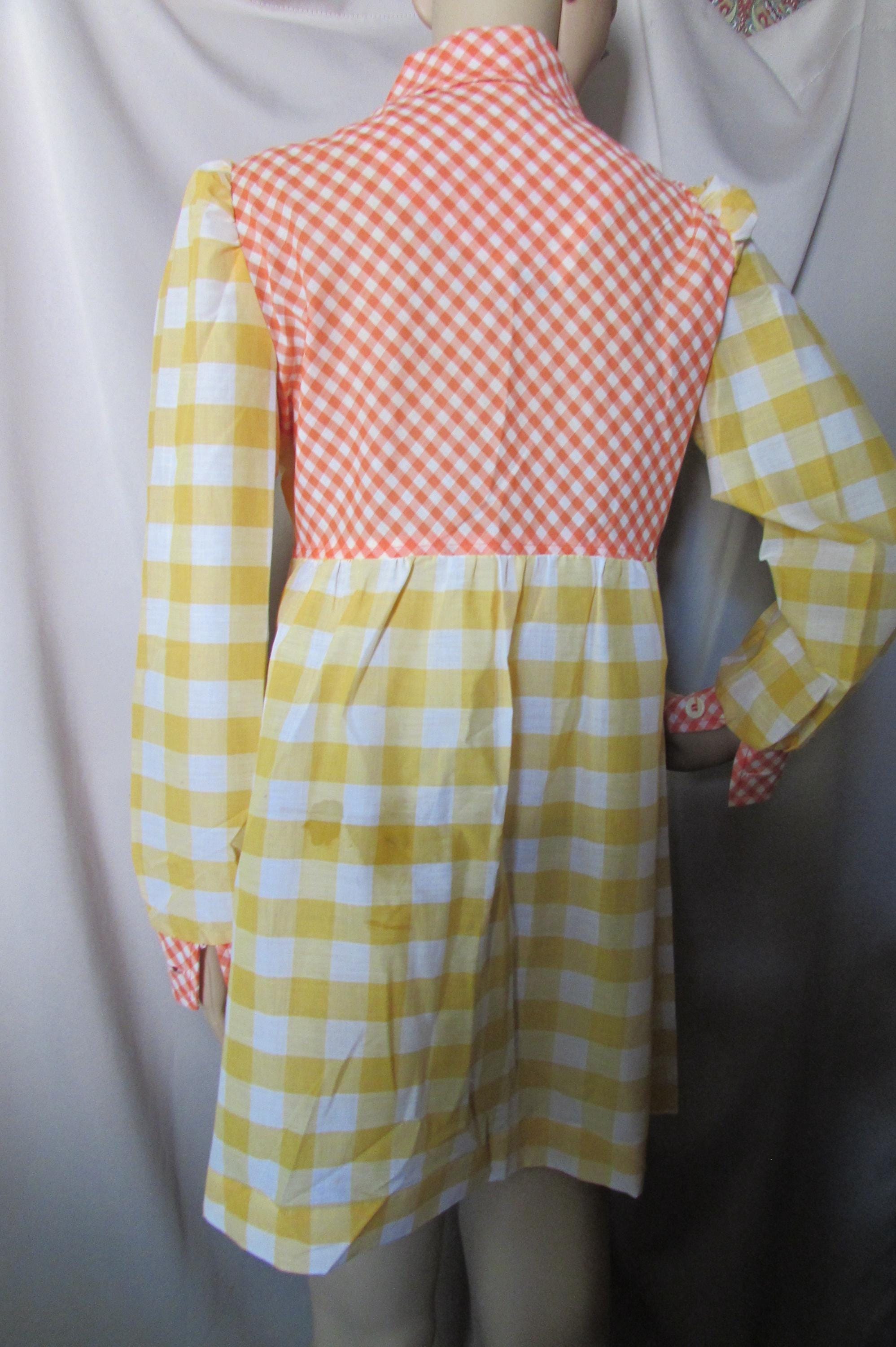 Vintage Dress Mini Dress 1970 Era Fashions Orange White Gingham Yellow — free download
