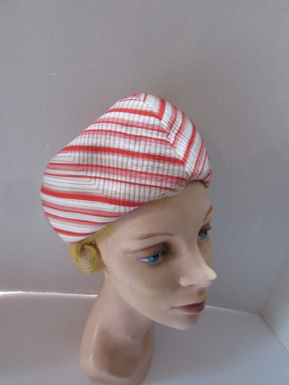 Vintage Hat 1950 Era Topper Style Coral Stripes R… - image 5