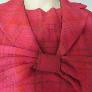 1960 Era Bobbie Brooks 2 Piece Suit Wool Blend Raspberry Plaid Boxy Jacket Fringed Neck Bow Dolman Sleeves Box Pleat Skirt Vintage Fashions image 3