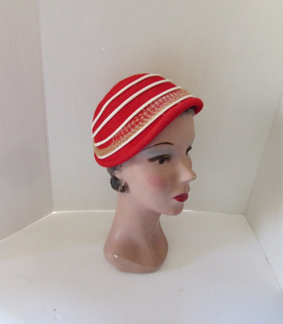 Vintage Hat Little Topper Lipstick Red White Cord 