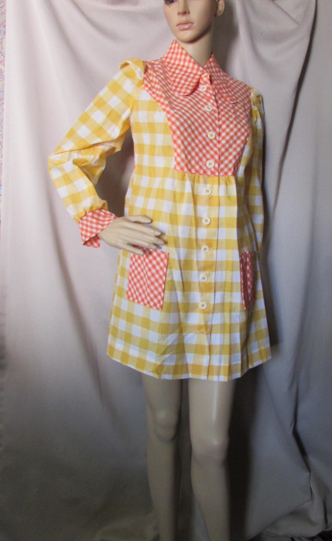 Vintage Dress Mini Dress 1970 Era Fashions Orange White Gingham Yellow — free download