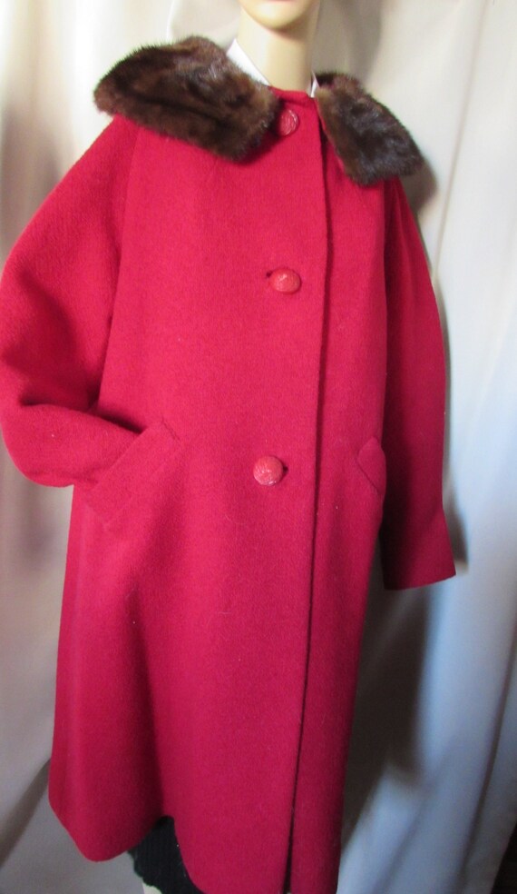 Vintage Coat Winter Coat Deep Red Wool Fur Collar… - image 2
