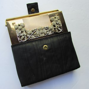 Volupte Compact Vintage Minaudiere Mid Century Design Rhinestone Swag Gold Tone Black Moire Clutch Vintage Compacts Ladies Vanity Items