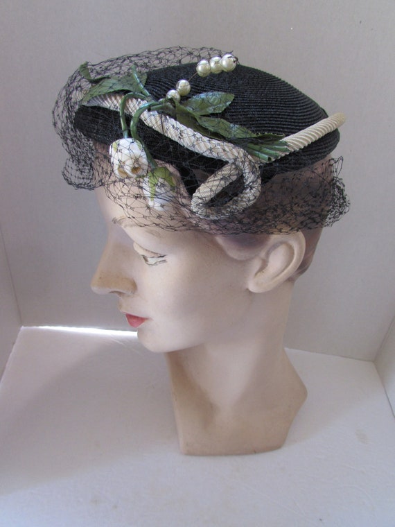 SALE Vintage Hat Half Hat 1950 Era Black Milliner… - image 1