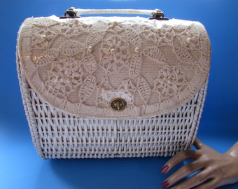 White Wicker Mid Century Purse Crochet Flap Marcus Brothers Miami Made in Japan Spring Purse Summer Handbag Vintage Accessories