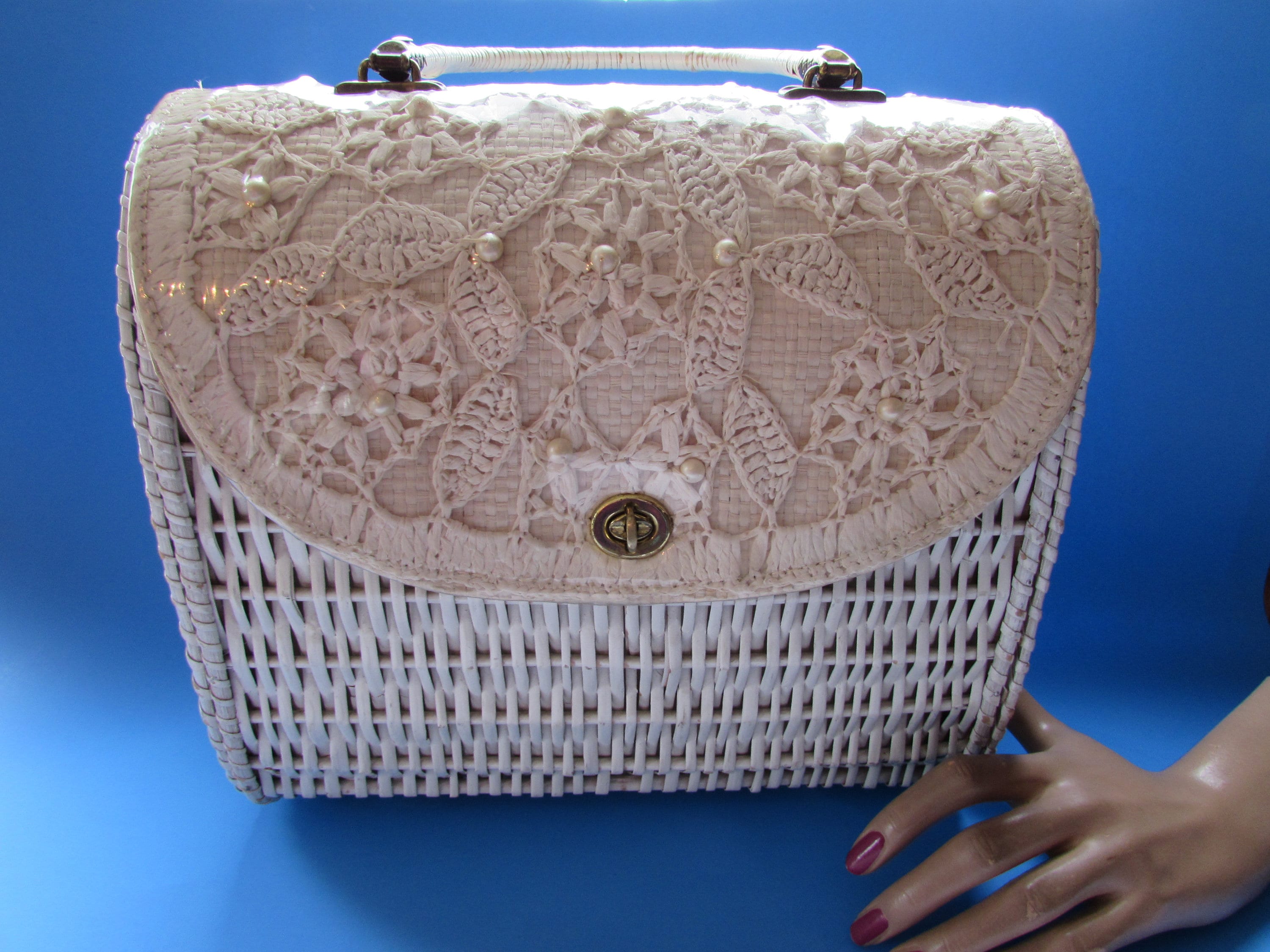 White Wicker Mid Century Purse Crochet Flap Marcus Brothers Miami